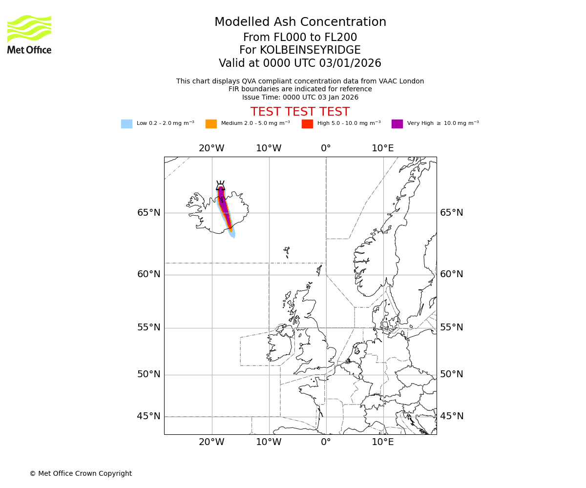 Modelled ash concentration from 000 to 200 for KOLBEINSEYRIDGE. Valid at 0000 UTC 03/01/2026
