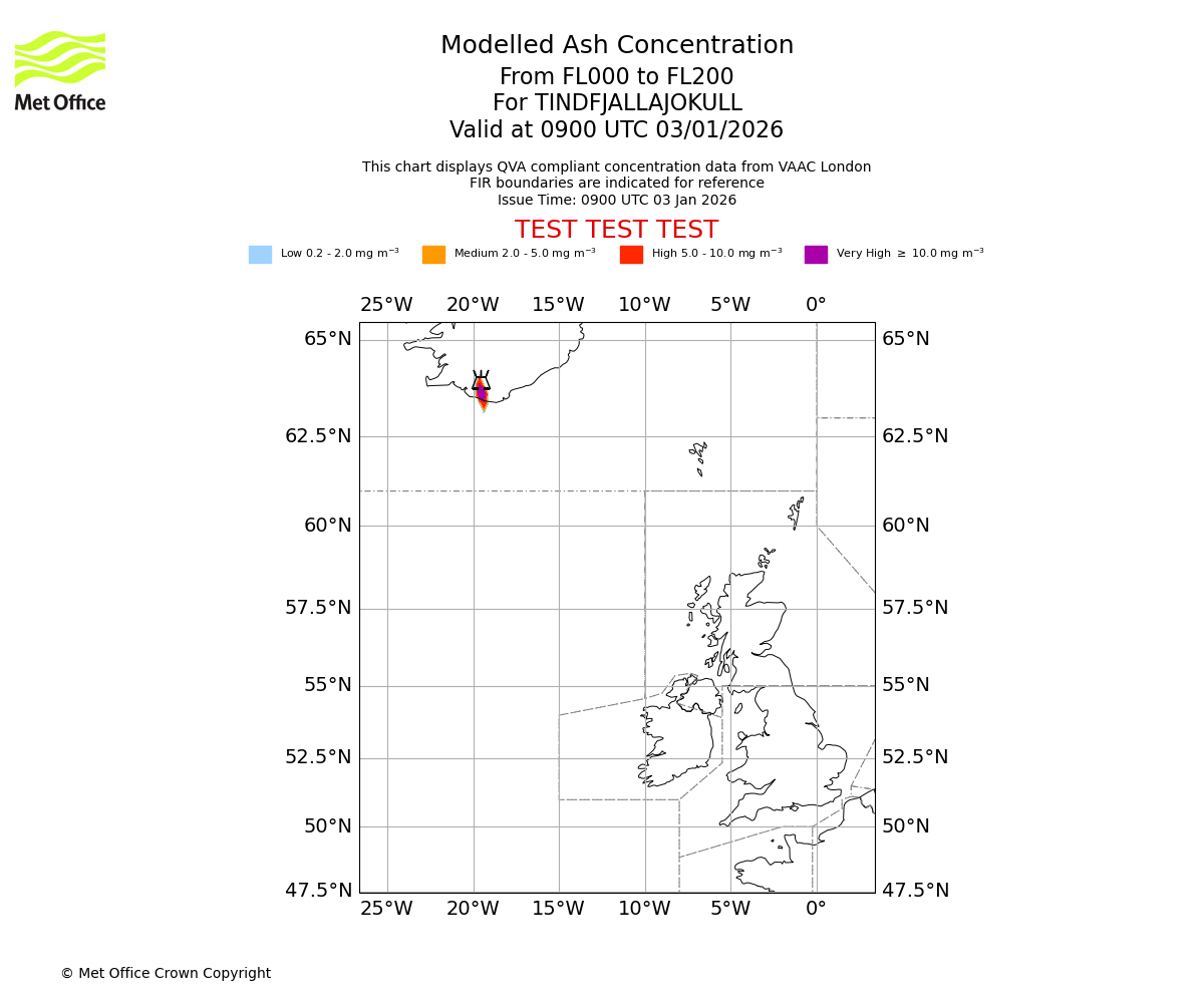 Modelled ash concentration from 000 to 200 for TINDFJALLAJOKULL. Valid at 0900 UTC 03/01/2026