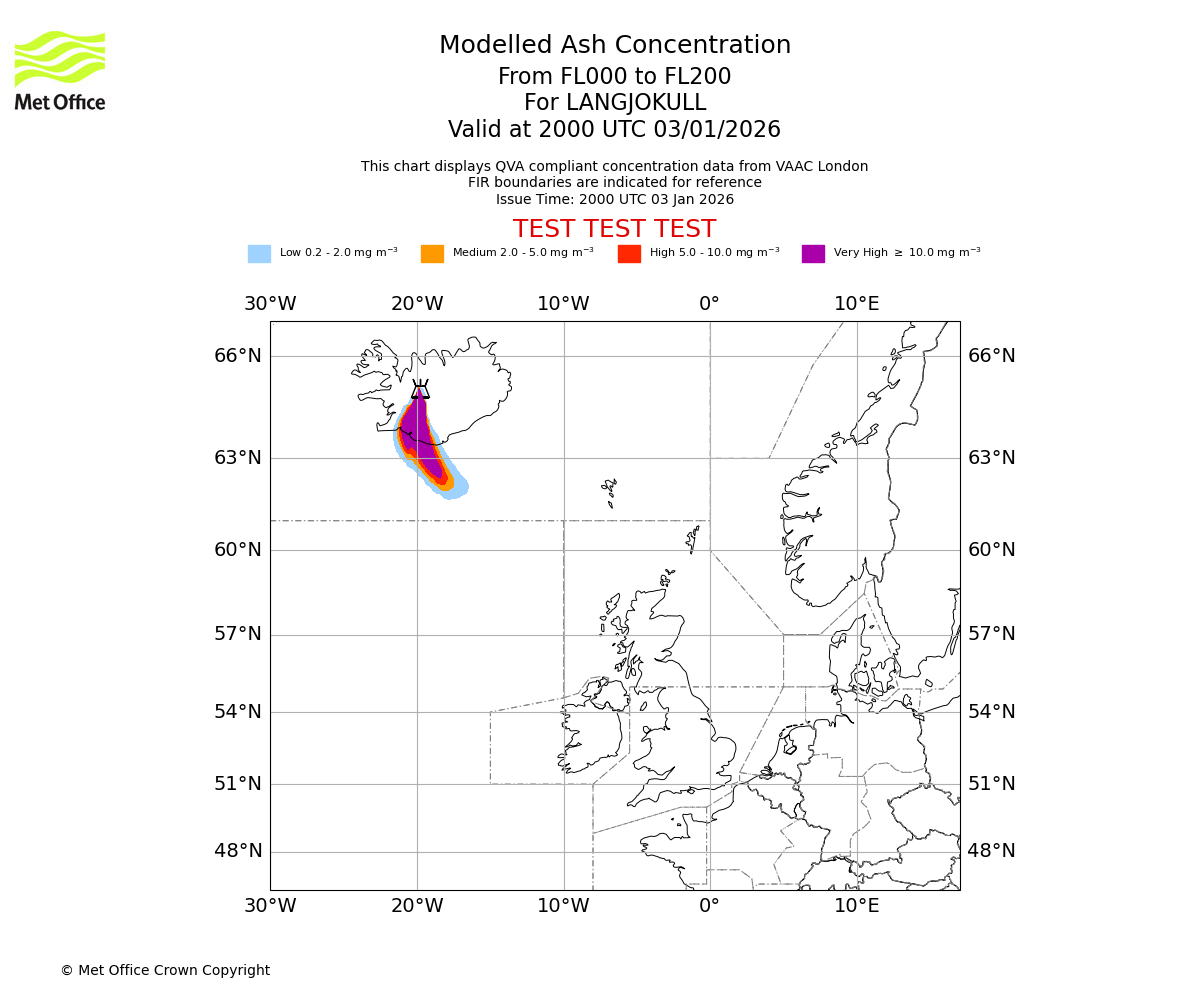 Modelled ash concentration from 000 to 200 for LANGJOKULL. Valid at 2000 UTC 03/01/2026