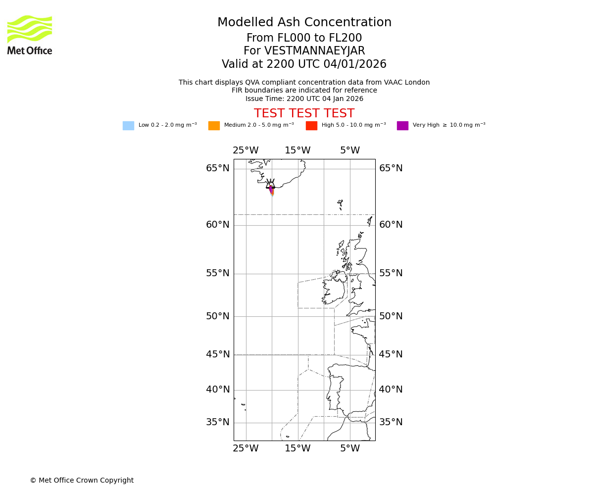 Modelled ash concentration from 000 to 200 for VESTMANNAEYJAR. Valid at 2200 UTC 04/01/2026