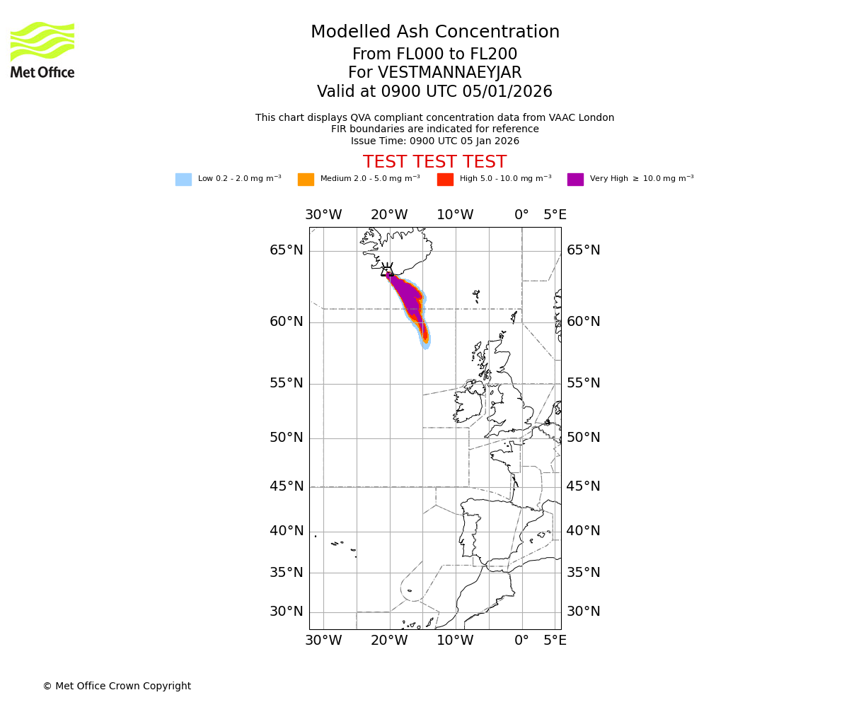 Modelled ash concentration from 000 to 200 for VESTMANNAEYJAR. Valid at 0900 UTC 05/01/2026