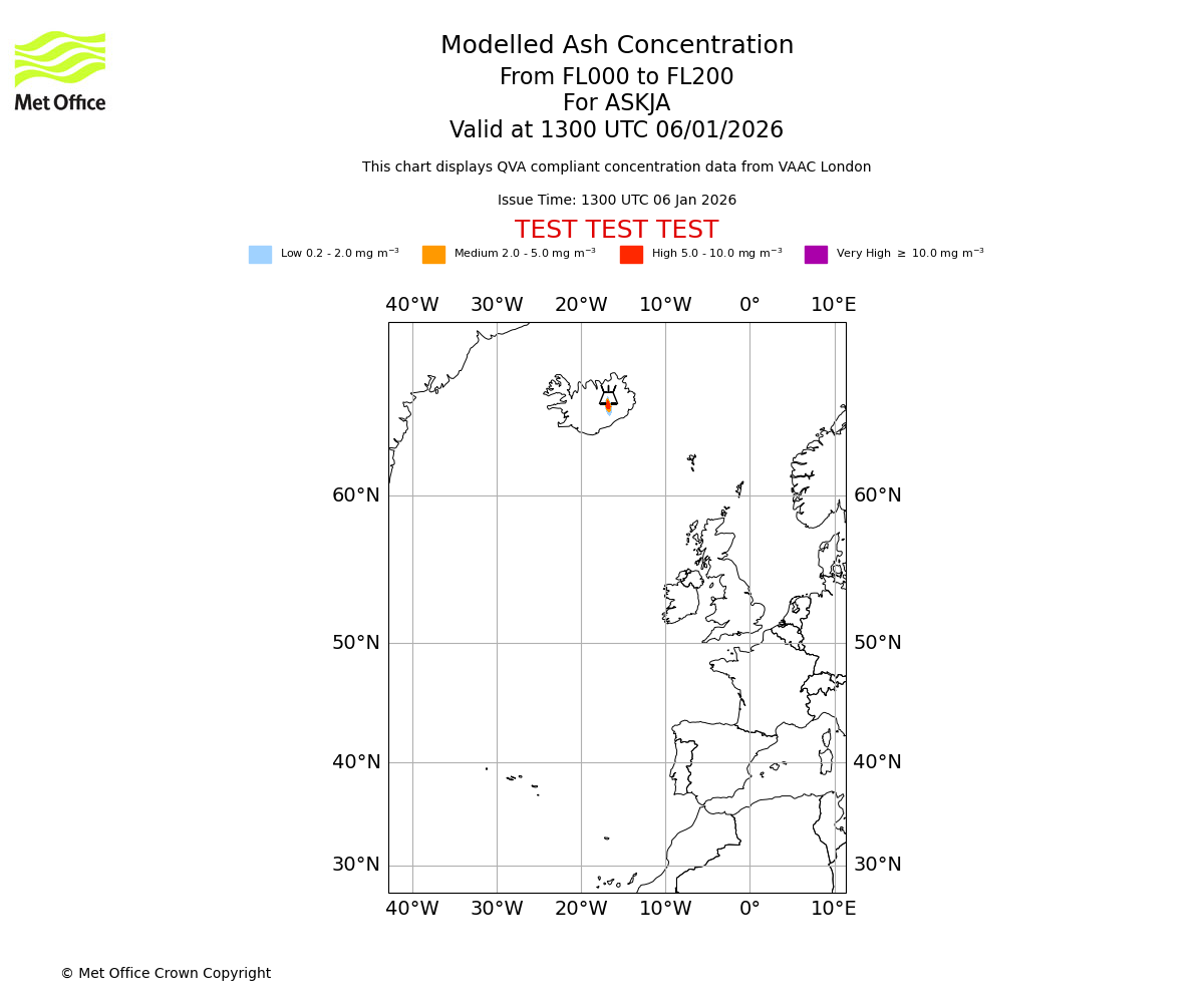 Modelled ash concentration from 000 to 200 for ASKJA. Valid at 1300 UTC 06/01/2026