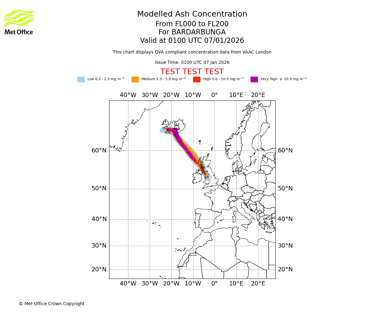 Modelled ash concentration from 000 to 200 for BARDARBUNGA. Valid at 0100 UTC 07/01/2026