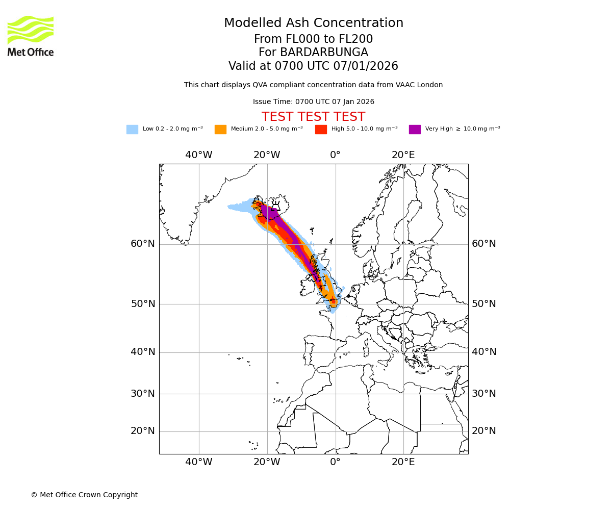 Modelled ash concentration from 000 to 200 for BARDARBUNGA. Valid at 0700 UTC 07/01/2026