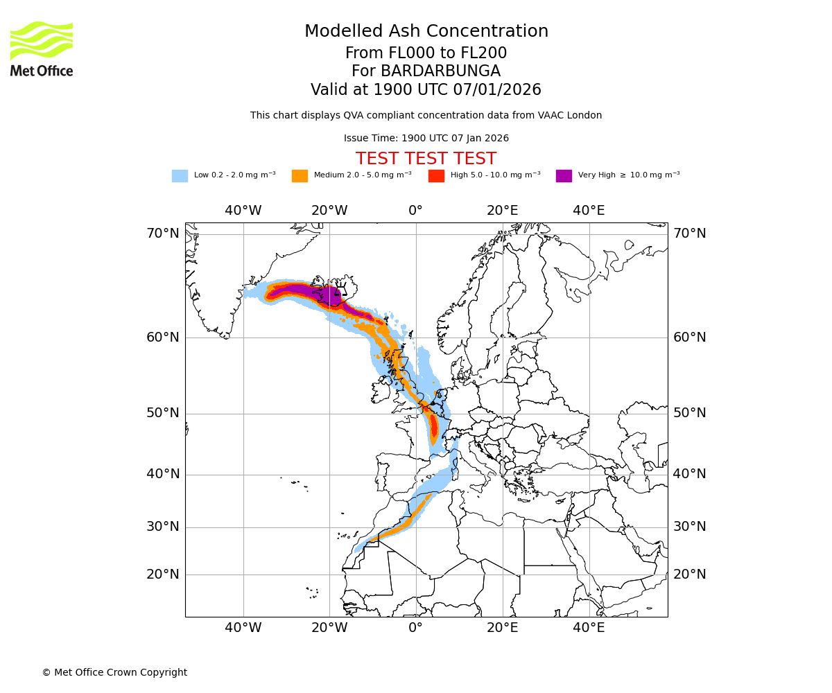 Modelled ash concentration from 000 to 200 for BARDARBUNGA. Valid at 1900 UTC 07/01/2026