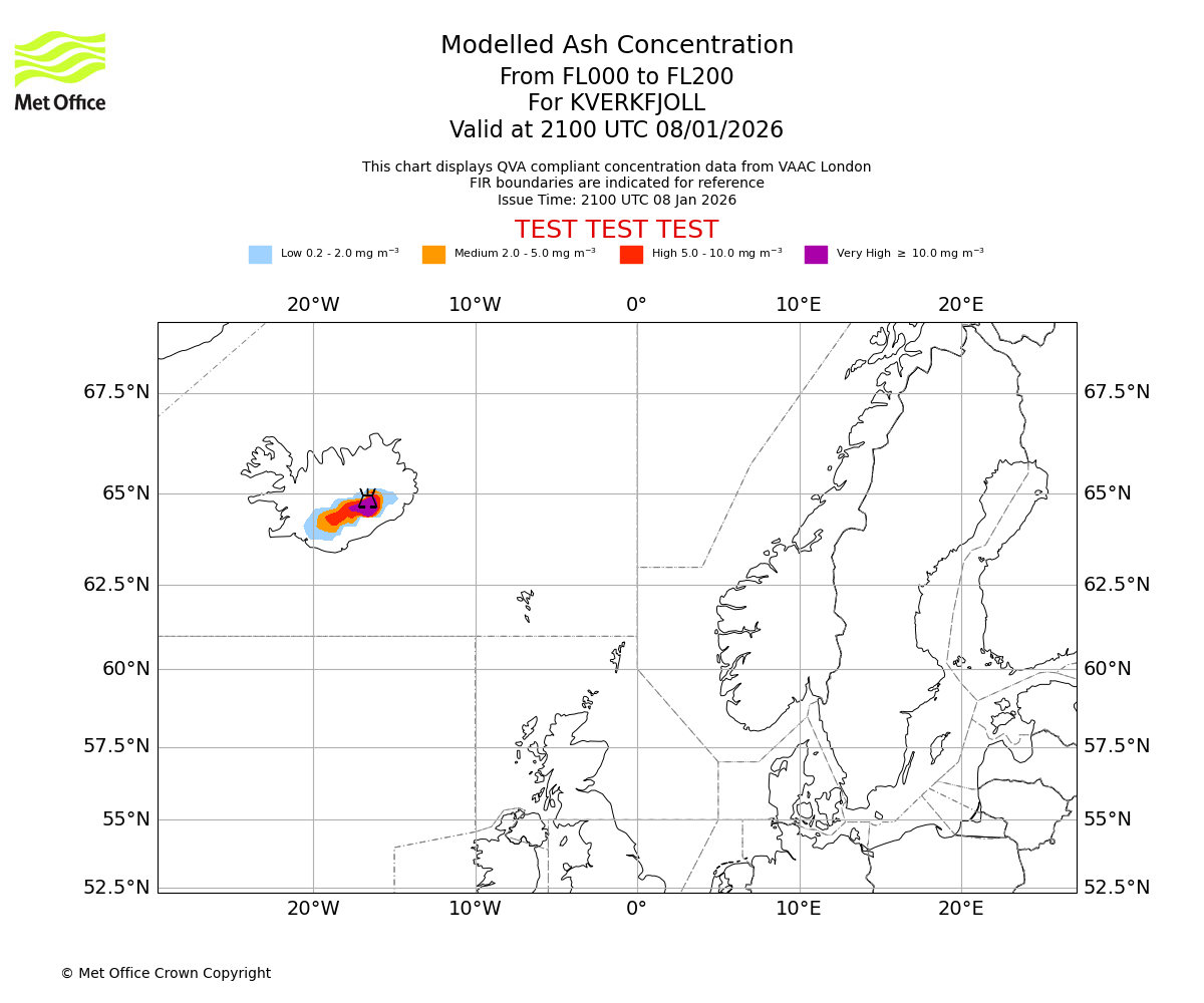 Modelled ash concentration from 000 to 200 for KVERKFJOLL. Valid at 2100 UTC 08/01/2026