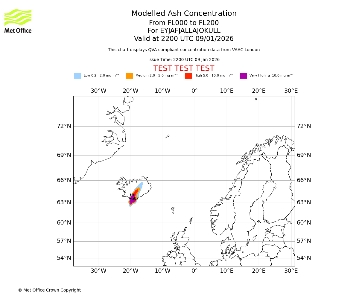 Modelled ash concentration from 000 to 200 for EYJAFJALLAJOKULL. Valid at 2200 UTC 09/01/2026