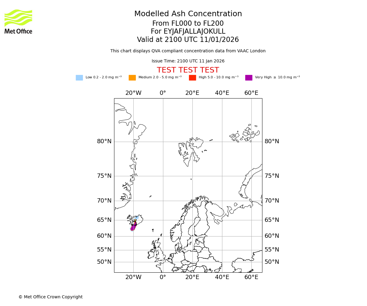 Modelled ash concentration from 000 to 200 for EYJAFJALLAJOKULL. Valid at 2100 UTC 11/01/2026