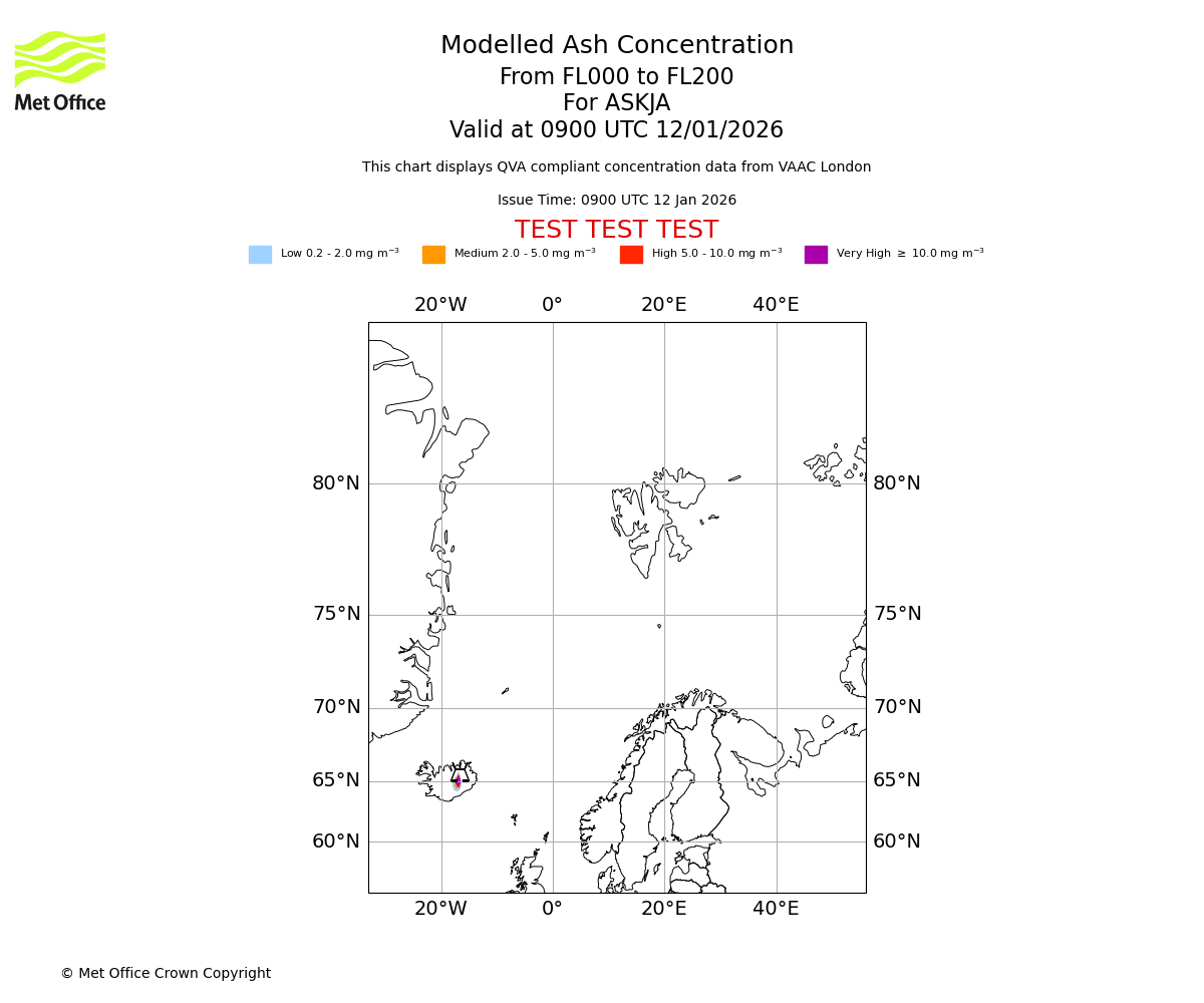 Modelled ash concentration from 000 to 200 for ASKJA. Valid at 0900 UTC 12/01/2026