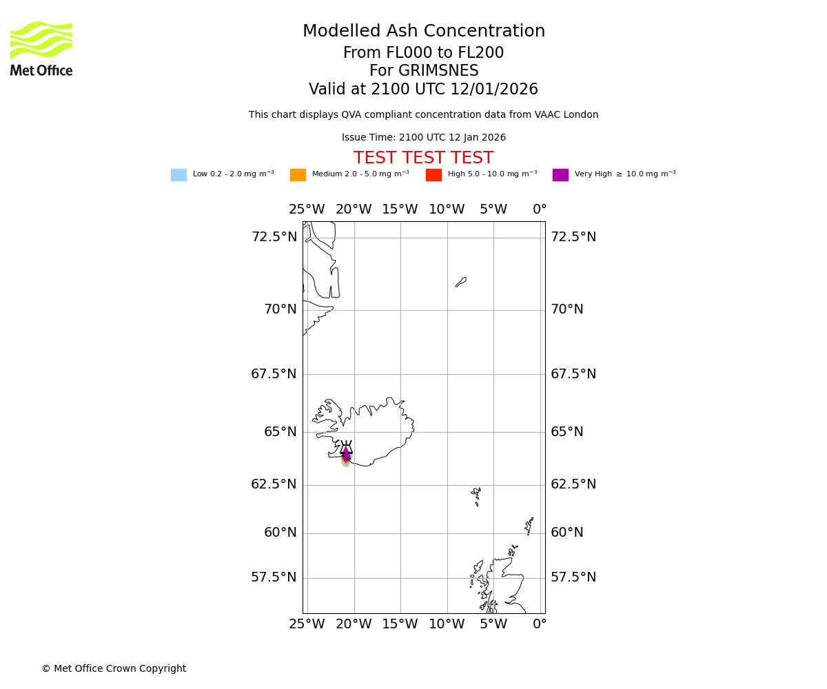 Modelled ash concentration from 000 to 200 for GRIMSNES. Valid at 2100 UTC 12/01/2026
