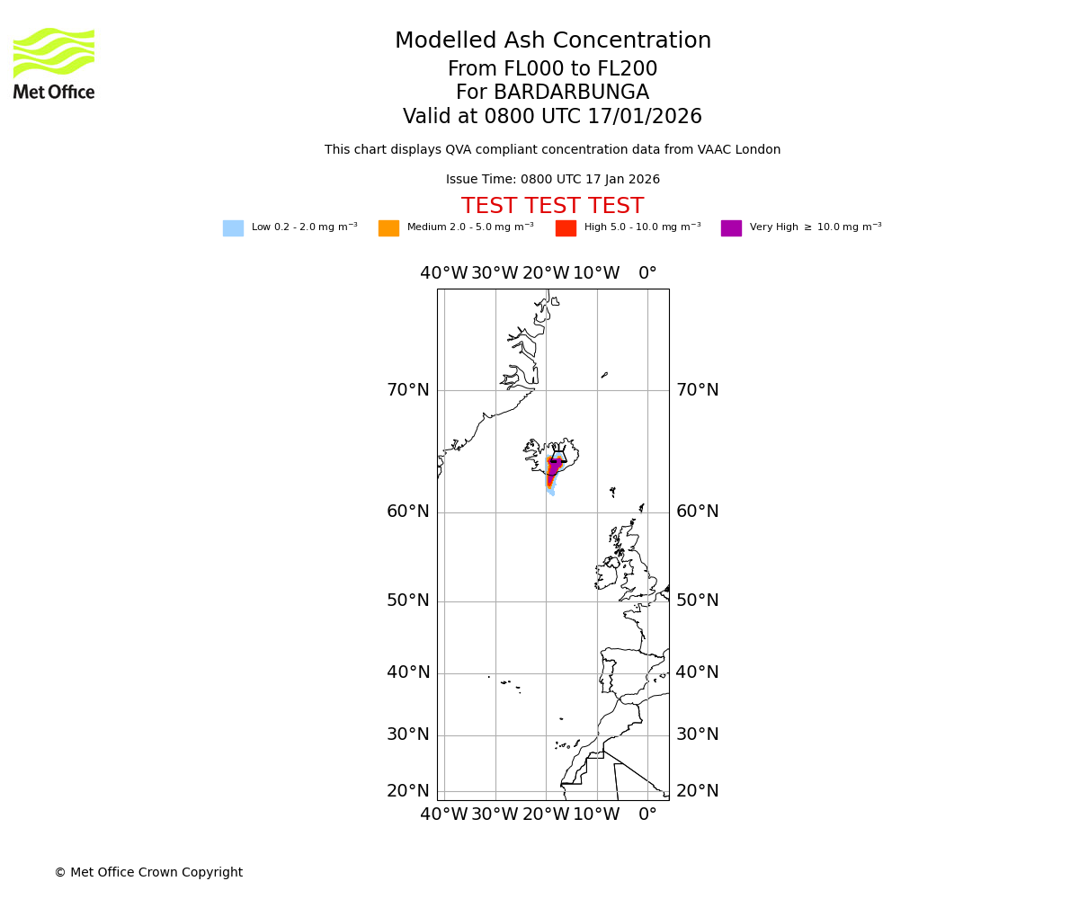 Modelled ash concentration from 000 to 200 for BARDARBUNGA. Valid at 0800 UTC 17/01/2026