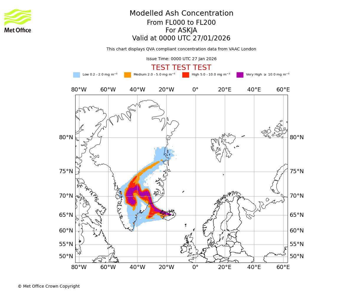 Modelled ash concentration from 000 to 200 for ASKJA. Valid at 0000 UTC 27/01/2026