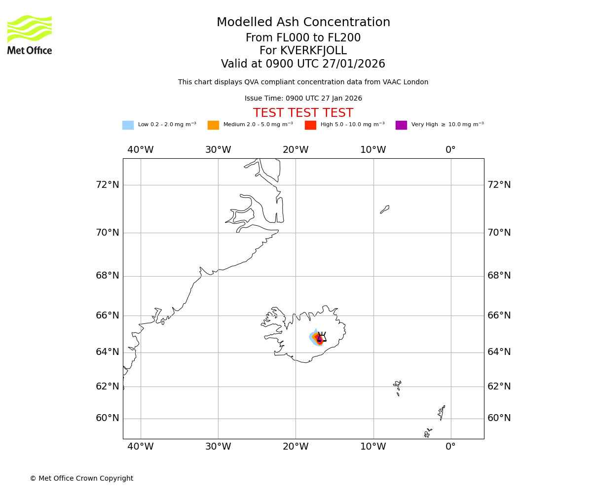 Modelled ash concentration from 000 to 200 for KVERKFJOLL. Valid at 0900 UTC 27/01/2026