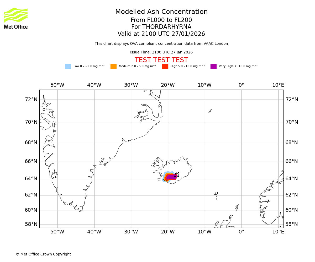 Modelled ash concentration from 000 to 200 for THORDARHYRNA. Valid at 2100 UTC 27/01/2026