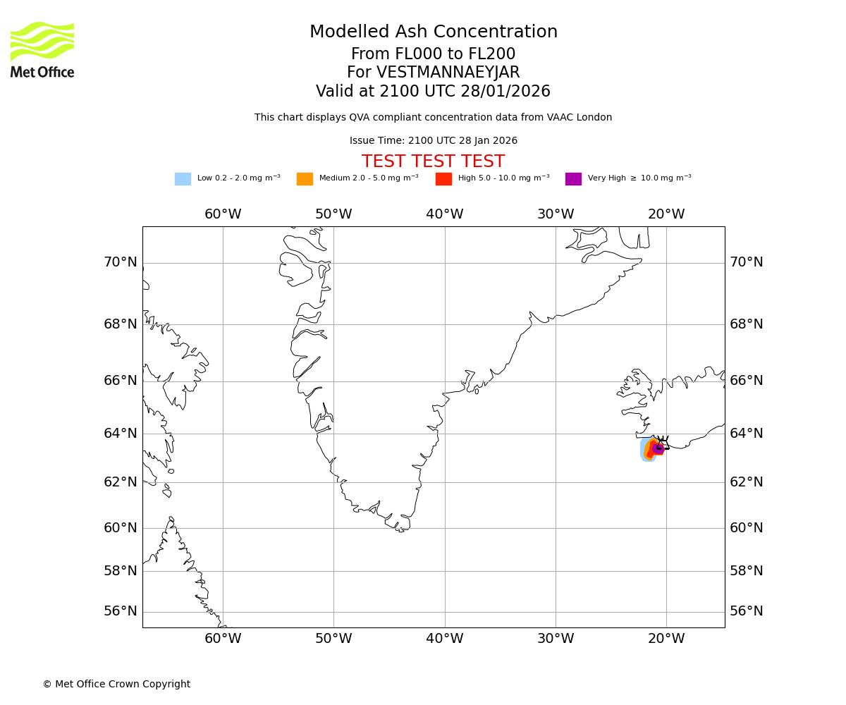 Modelled ash concentration from 000 to 200 for VESTMANNAEYJAR. Valid at 2100 UTC 28/01/2026