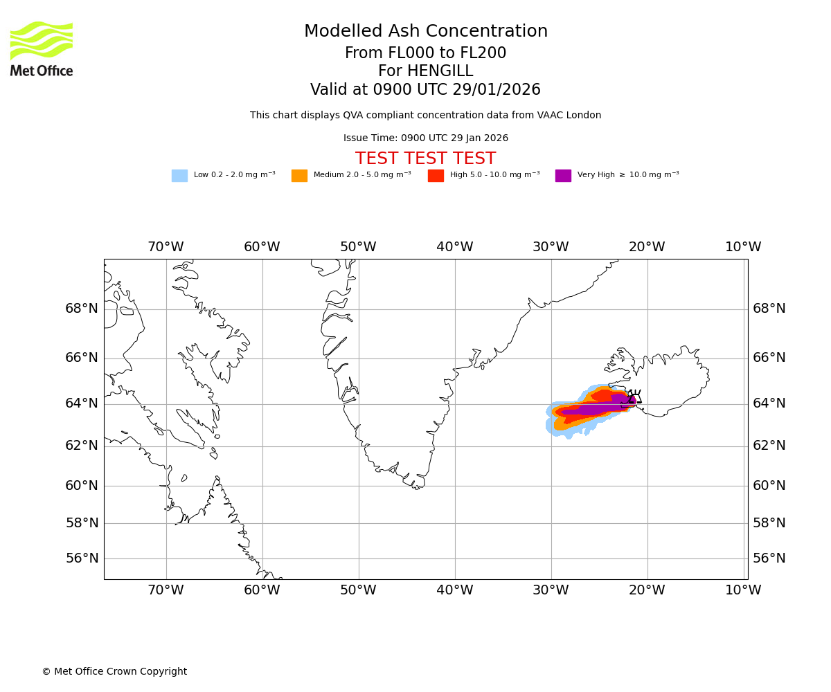 Modelled ash concentration from 000 to 200 for HENGILL. Valid at 0900 UTC 29/01/2026