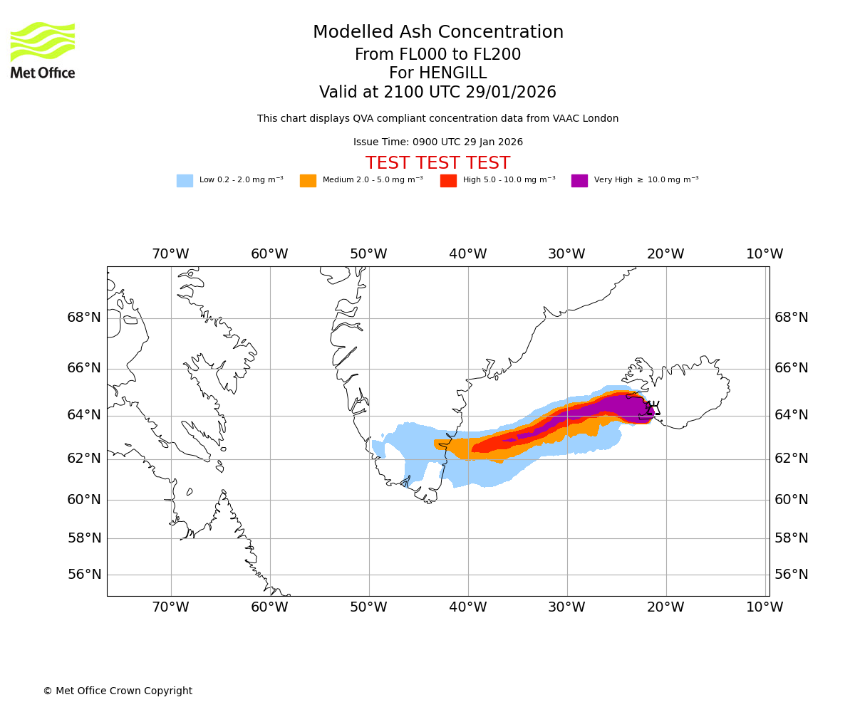 Modelled ash concentration from 000 to 200 for HENGILL. Valid at 2100 UTC 29/01/2026