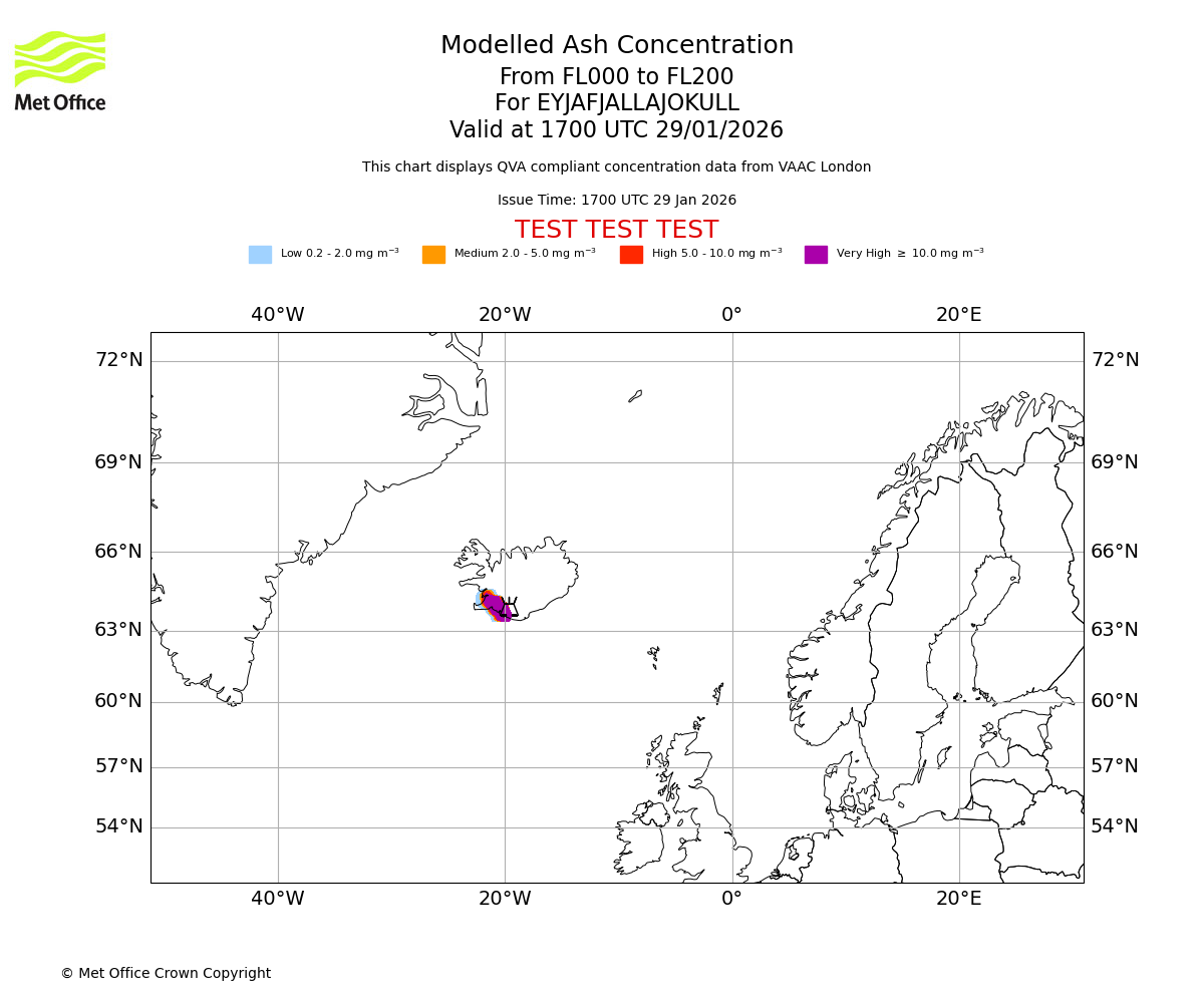 Modelled ash concentration from 000 to 200 for EYJAFJALLAJOKULL. Valid at 1700 UTC 29/01/2026