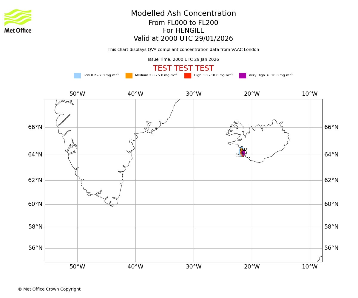 Modelled ash concentration from 000 to 200 for HENGILL. Valid at 2000 UTC 29/01/2026