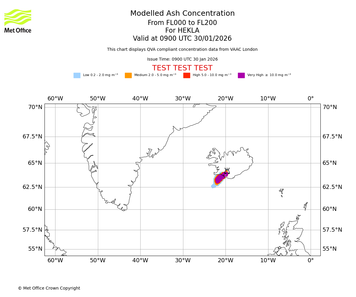Modelled ash concentration from 000 to 200 for HEKLA. Valid at 0900 UTC 30/01/2026
