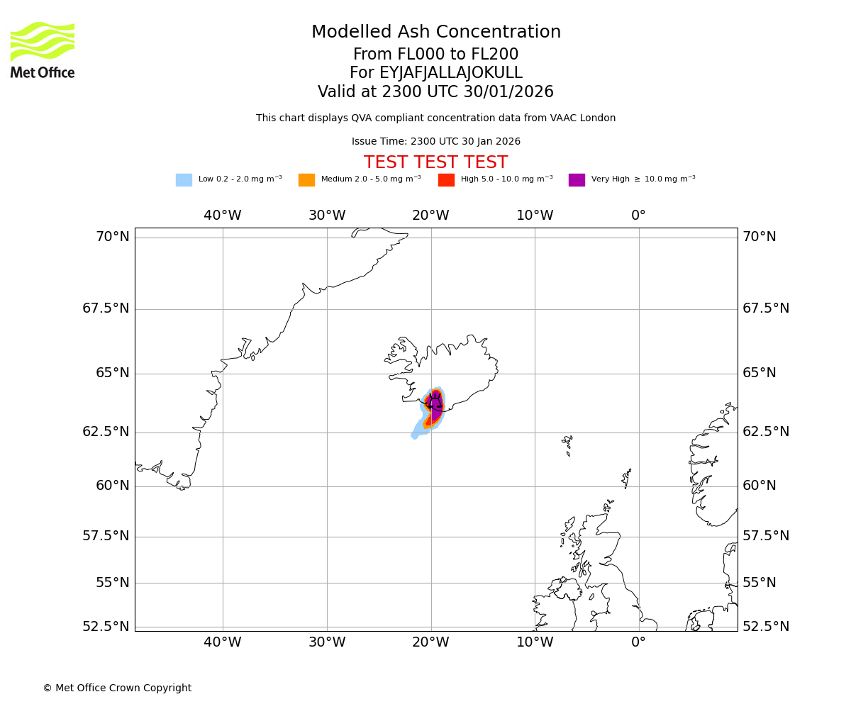 Modelled ash concentration from 000 to 200 for EYJAFJALLAJOKULL. Valid at 2300 UTC 30/01/2026
