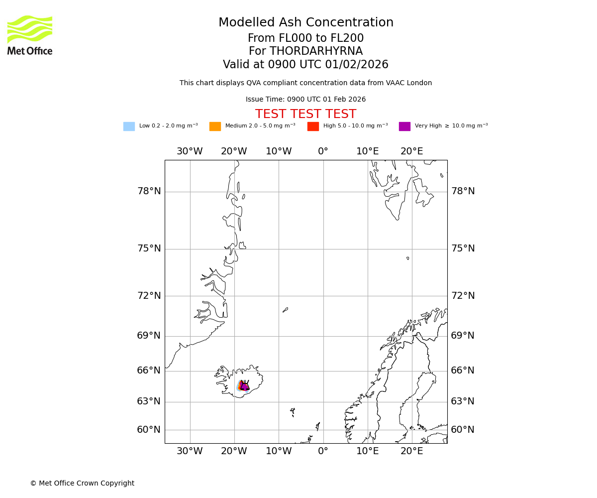Modelled ash concentration from 000 to 200 for THORDARHYRNA. Valid at 0900 UTC 01/02/2026