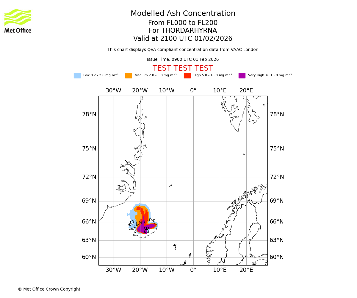 Modelled ash concentration from 000 to 200 for THORDARHYRNA. Valid at 2100 UTC 01/02/2026