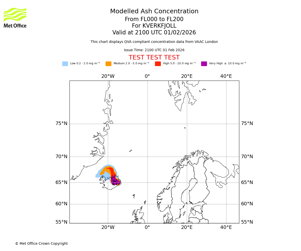 Modelled ash concentration from 000 to 200 for KVERKFJOLL. Valid at 2100 UTC 01/02/2026