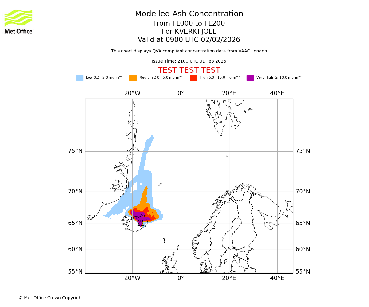 Modelled ash concentration from 000 to 200 for KVERKFJOLL. Valid at 0900 UTC 02/02/2026