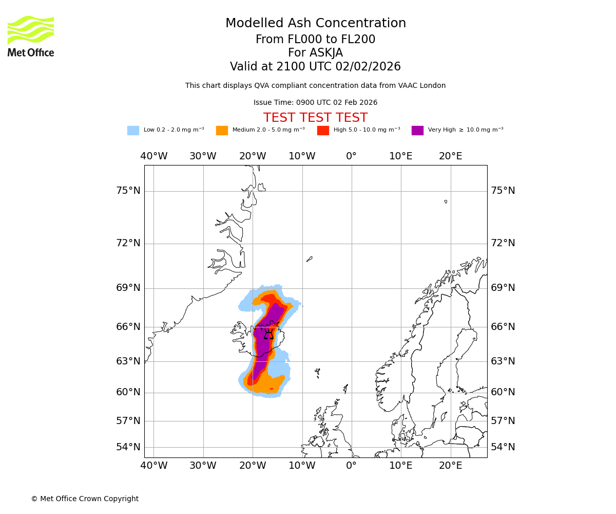 Modelled ash concentration from 000 to 200 for ASKJA. Valid at 2100 UTC 02/02/2026