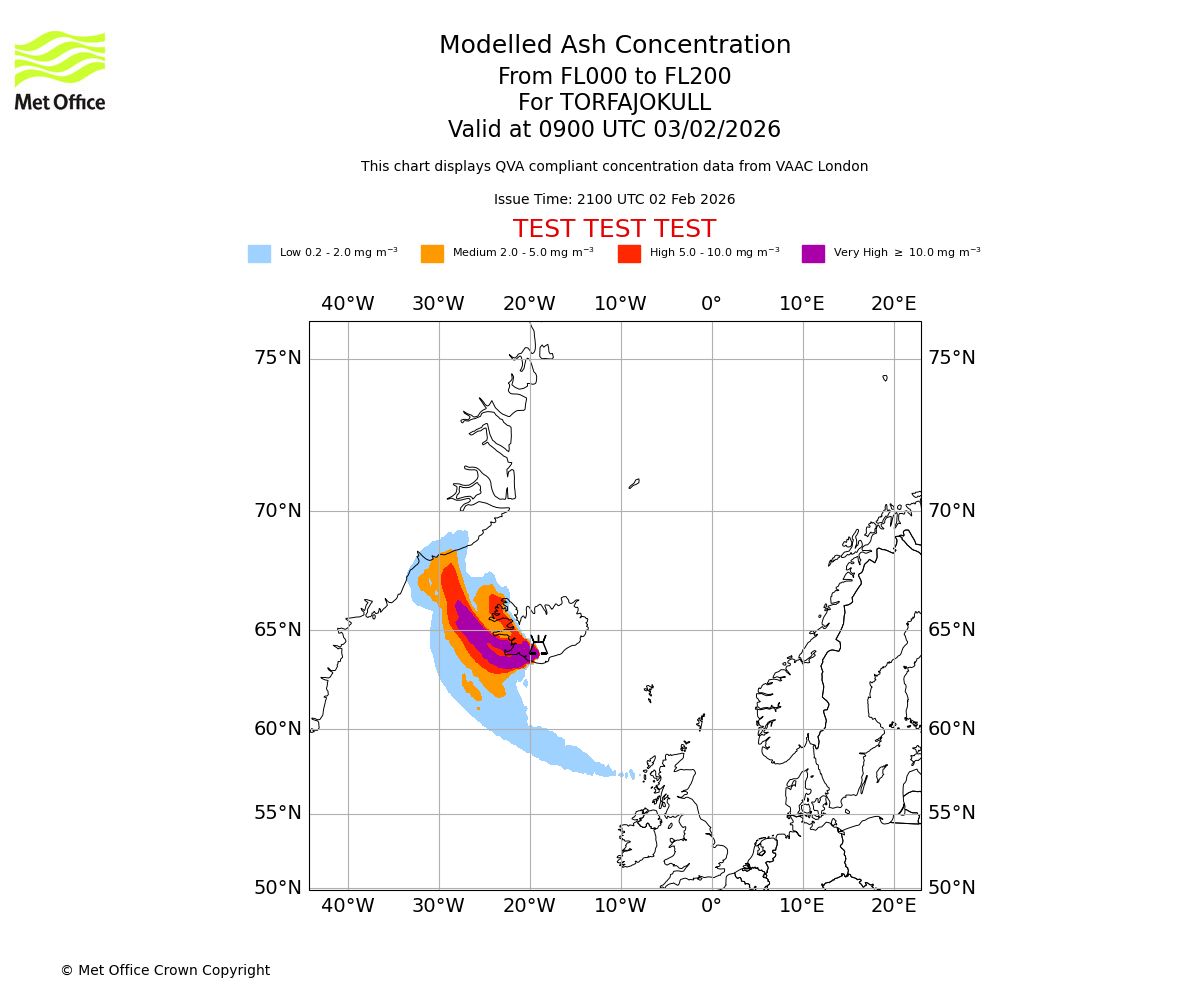 Modelled ash concentration from 000 to 200 for TORFAJOKULL. Valid at 0900 UTC 03/02/2026