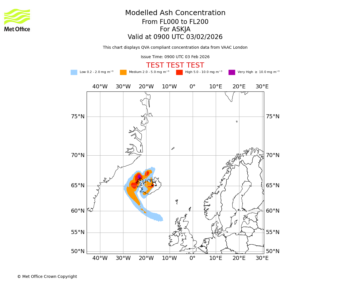Modelled ash concentration from 000 to 200 for ASKJA. Valid at 0900 UTC 03/02/2026