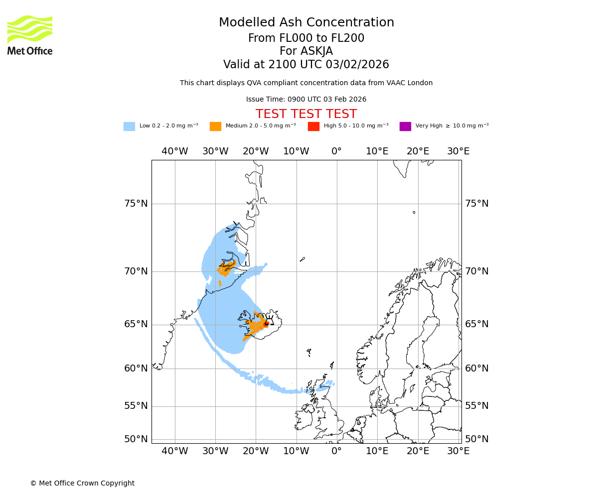 Modelled ash concentration from 000 to 200 for ASKJA. Valid at 2100 UTC 03/02/2026
