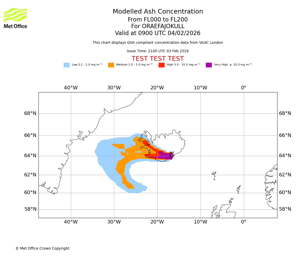 Modelled ash concentration from 000 to 200 for ORAEFAJOKULL. Valid at 0900 UTC 04/02/2026