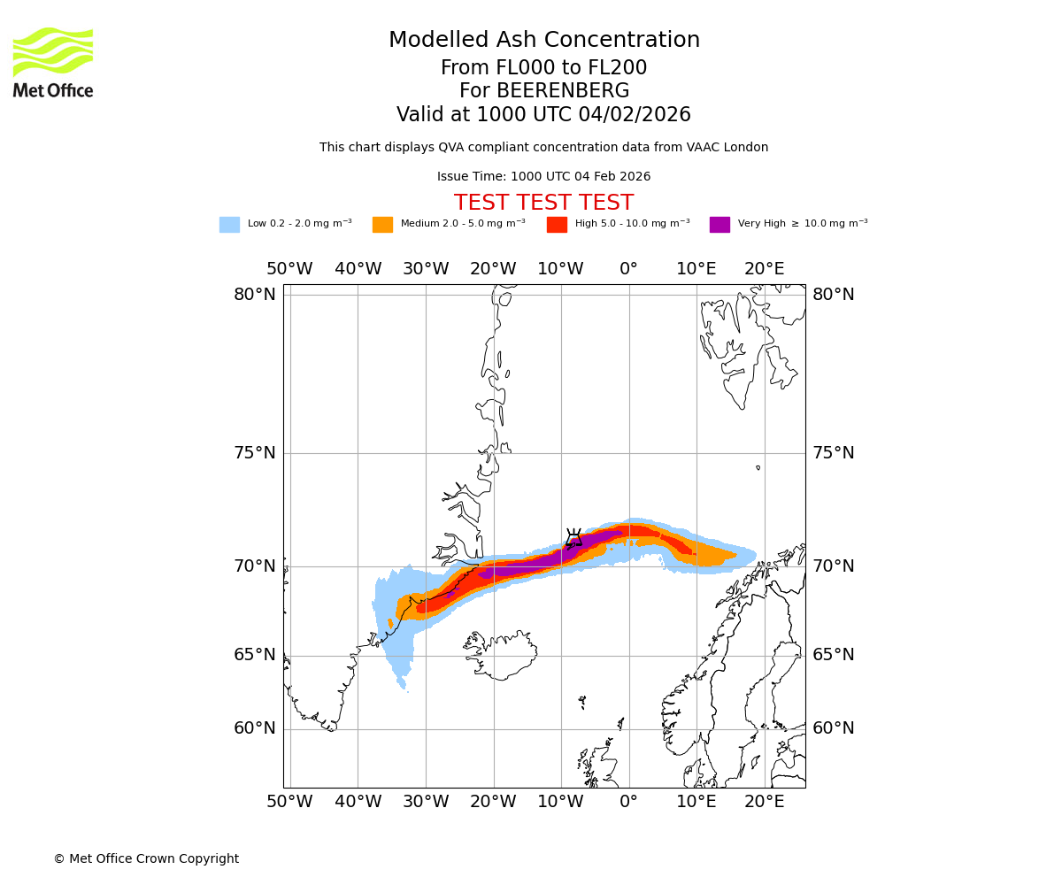 Modelled ash concentration from 000 to 200 for BEERENBERG. Valid at 1000 UTC 04/02/2026