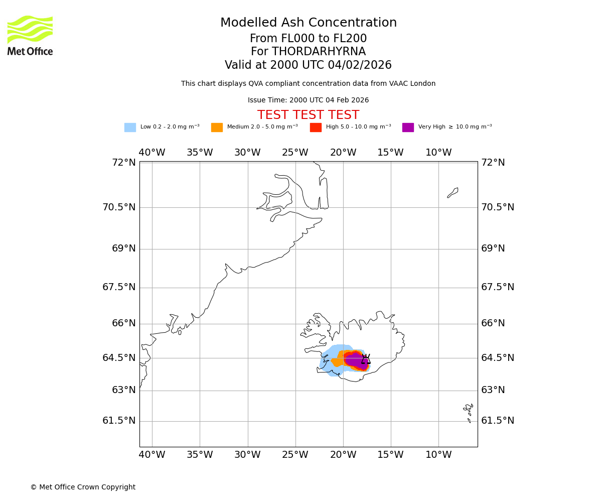 Modelled ash concentration from 000 to 200 for THORDARHYRNA. Valid at 2000 UTC 04/02/2026