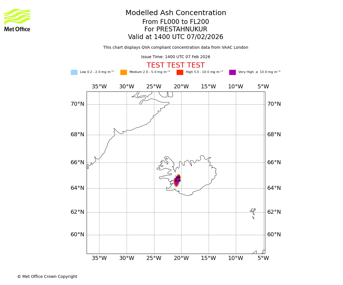 Modelled ash concentration from 000 to 200 for PRESTAHNUKUR. Valid at 1400 UTC 07/02/2026