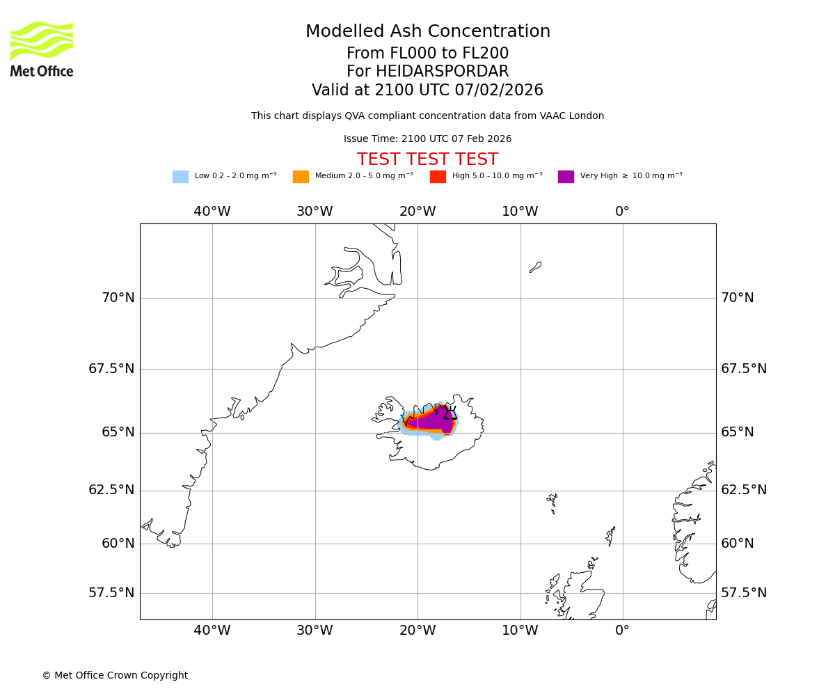 Modelled ash concentration from 000 to 200 for HEIDARSPORDAR. Valid at 2100 UTC 07/02/2026