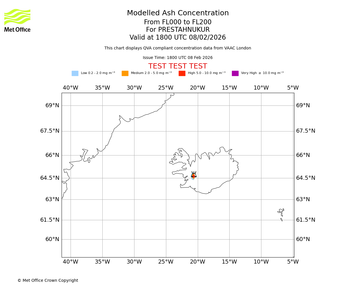 Modelled ash concentration from 000 to 200 for PRESTAHNUKUR. Valid at 1800 UTC 08/02/2026