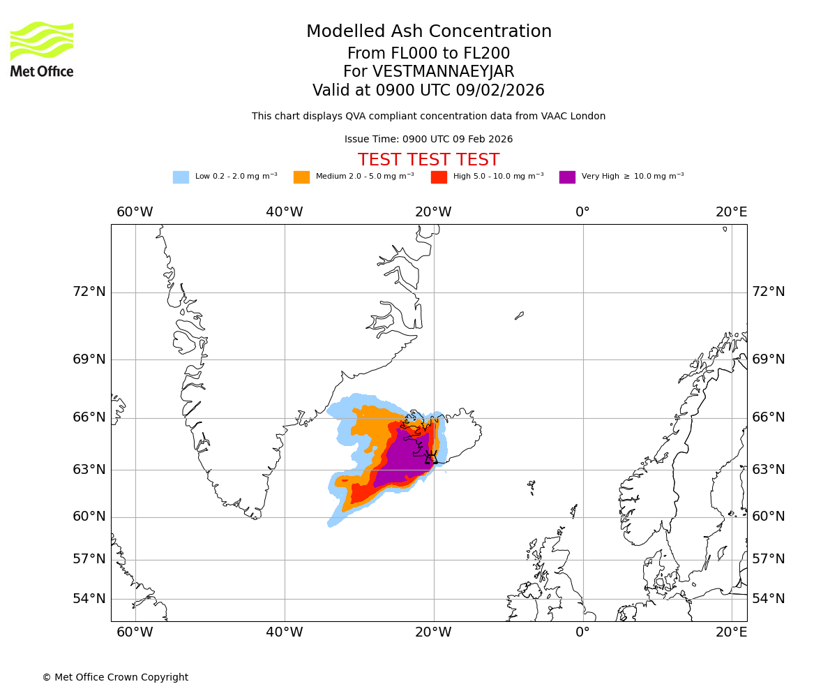 Modelled ash concentration from 000 to 200 for VESTMANNAEYJAR. Valid at 0900 UTC 09/02/2026