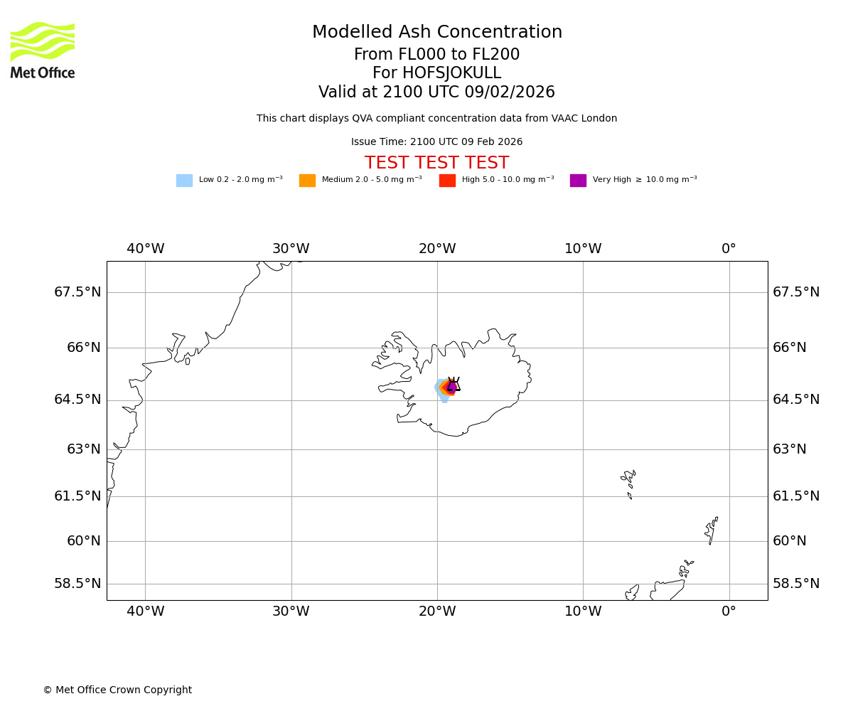 Modelled ash concentration from 000 to 200 for HOFSJOKULL. Valid at 2100 UTC 09/02/2026