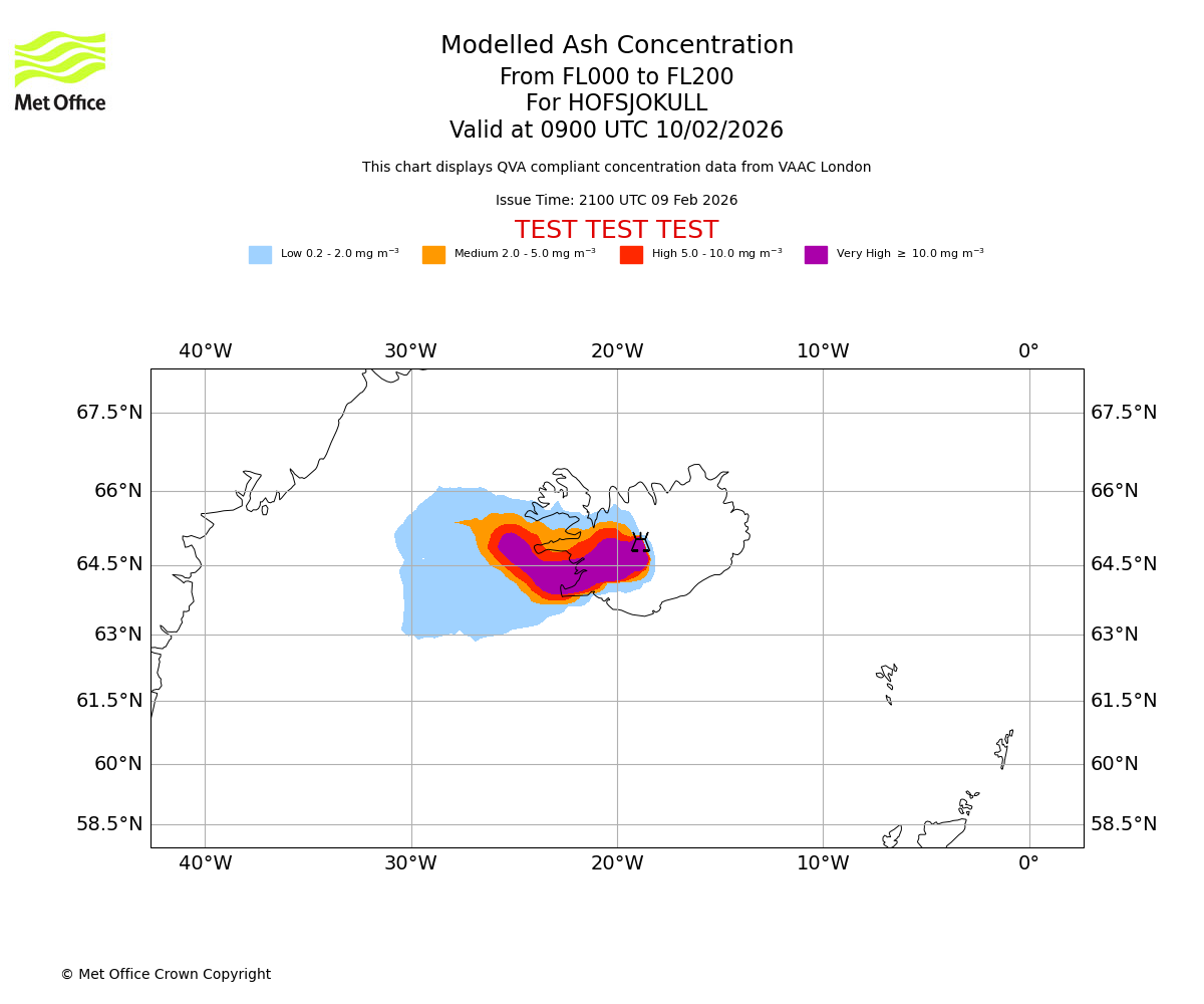 Modelled ash concentration from 000 to 200 for HOFSJOKULL. Valid at 0900 UTC 10/02/2026