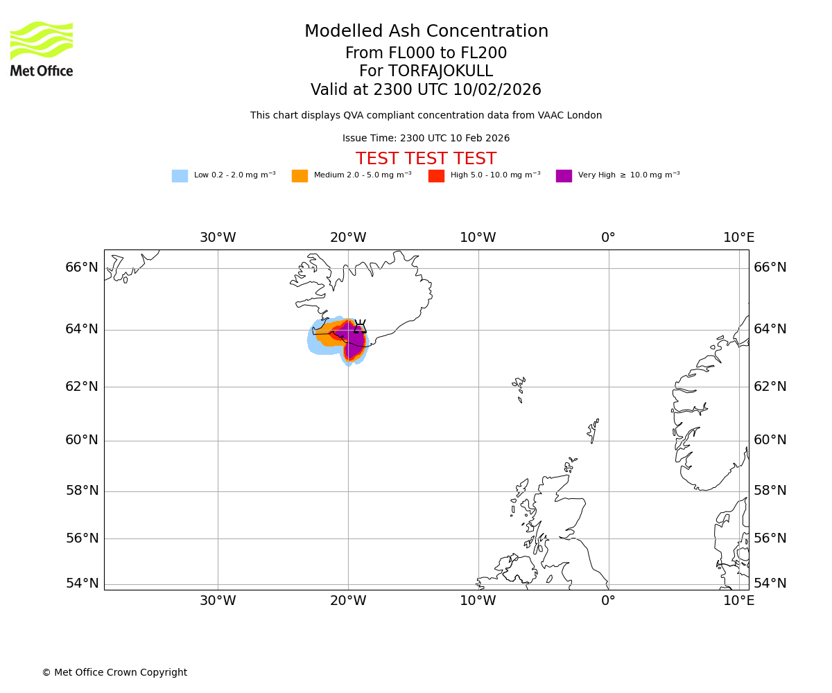 Modelled ash concentration from 000 to 200 for TORFAJOKULL. Valid at 2300 UTC 10/02/2026