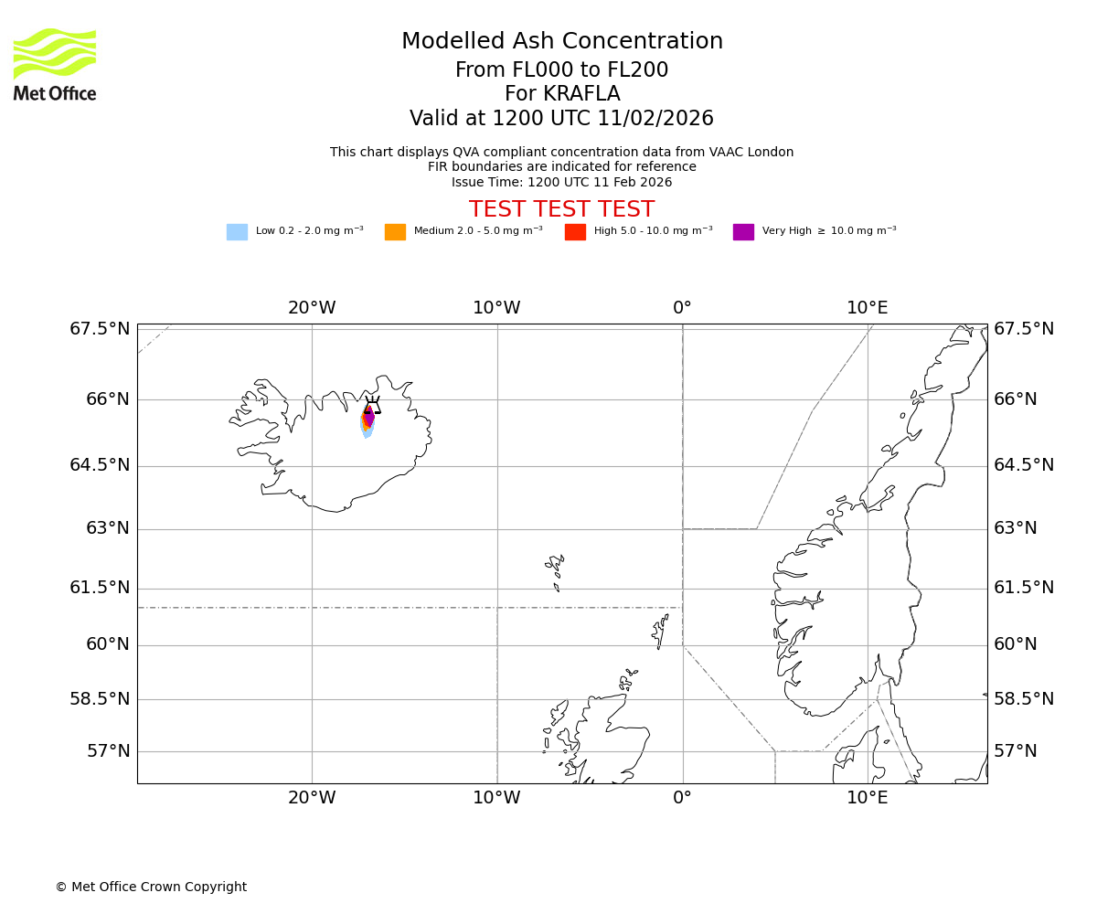 Modelled ash concentration from 000 to 200 for KRAFLA. Valid at 1200 UTC 11/02/2026