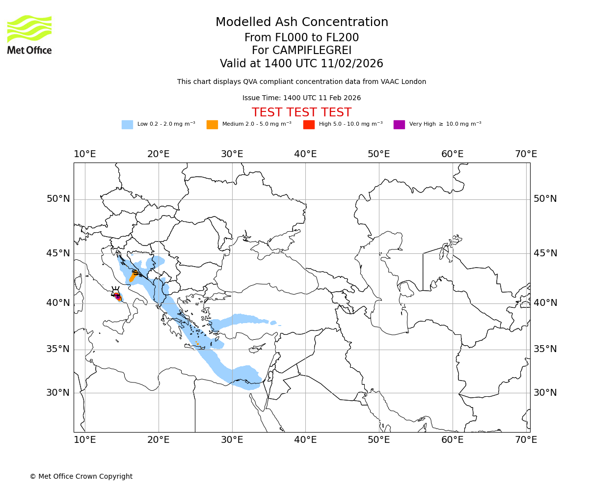 Modelled ash concentration from 000 to 200 for CAMPIFLEGREI. Valid at 1400 UTC 11/02/2026