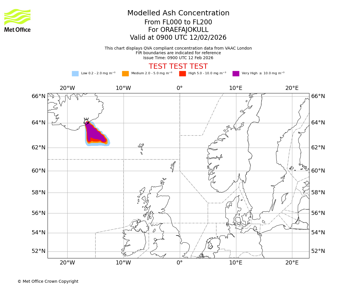 Modelled ash concentration from 000 to 200 for ORAEFAJOKULL. Valid at 0900 UTC 12/02/2026