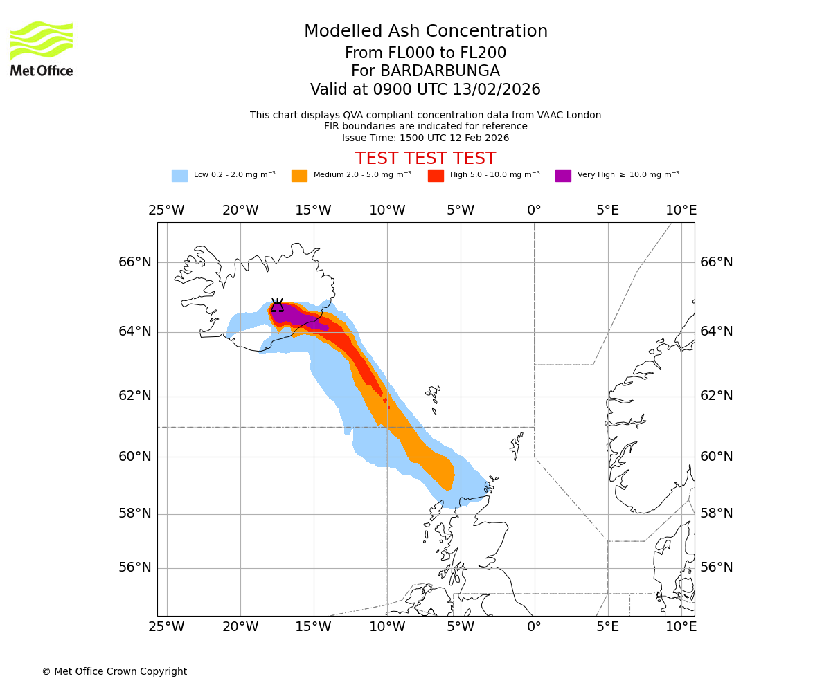 Modelled ash concentration from 000 to 200 for BARDARBUNGA. Valid at 0900 UTC 13/02/2026
