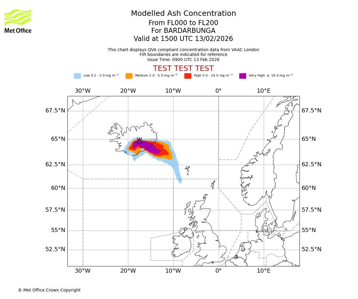 Modelled ash concentration from 000 to 200 for BARDARBUNGA. Valid at 1500 UTC 13/02/2026