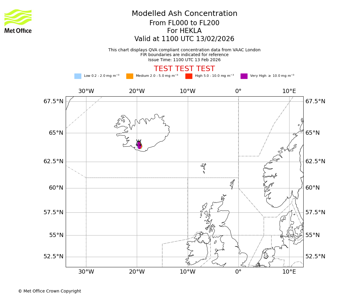 Modelled ash concentration from 000 to 200 for HEKLA. Valid at 1100 UTC 13/02/2026