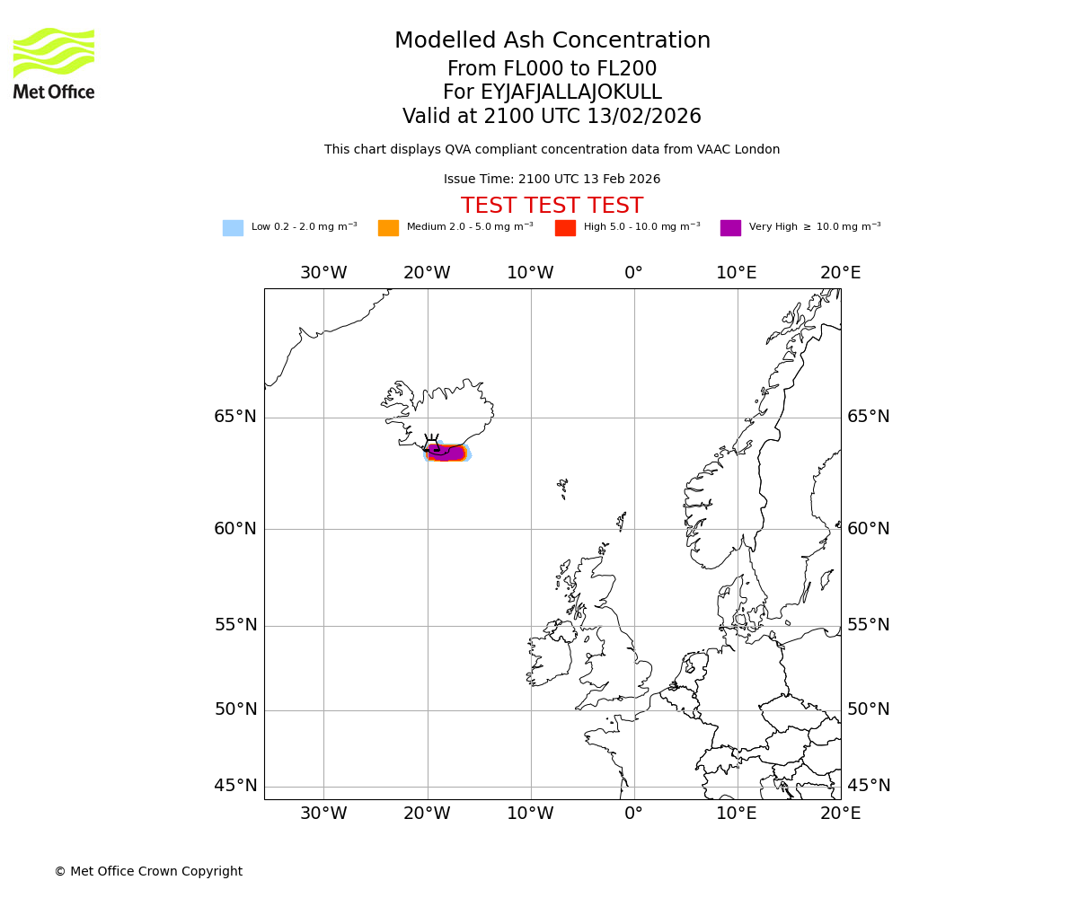 Modelled ash concentration from 000 to 200 for EYJAFJALLAJOKULL. Valid at 2100 UTC 13/02/2026